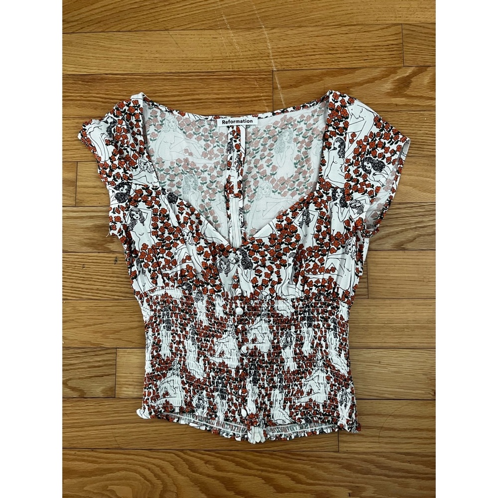 NWOT Reformation Orange Floral Short Sleeve Blouse